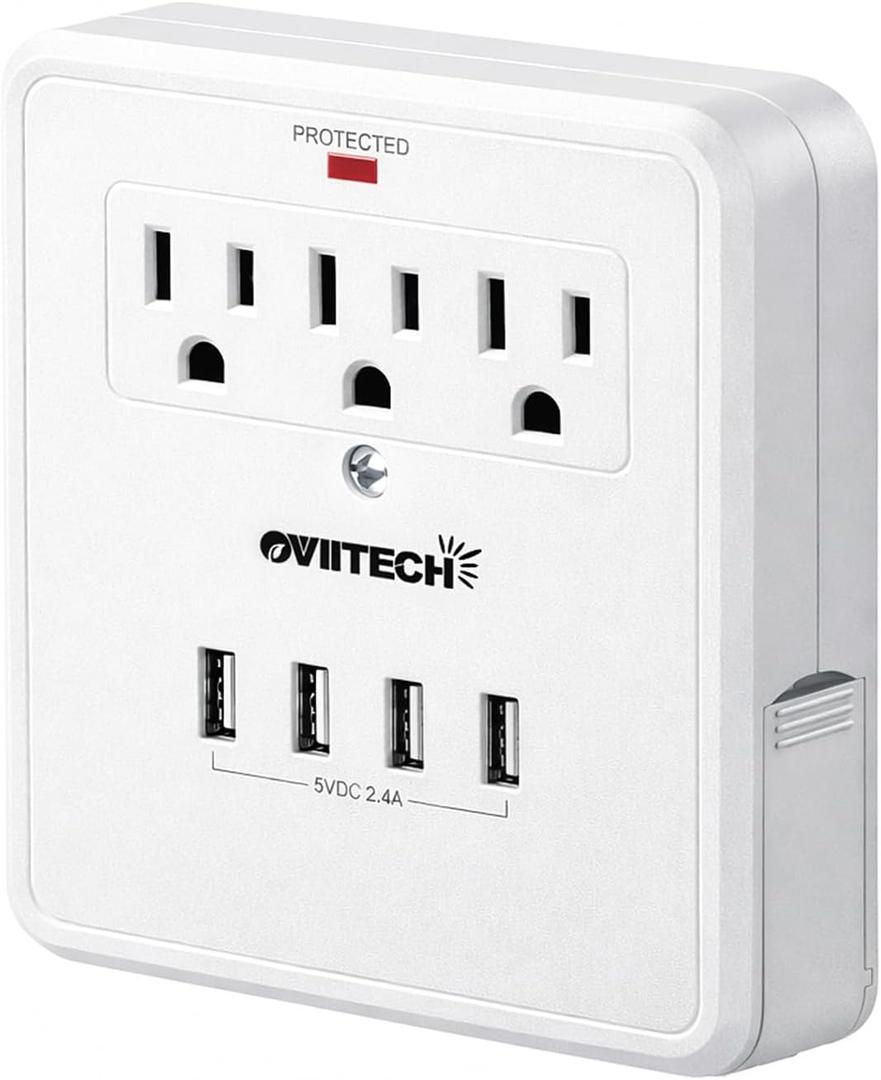Multi Plug Outlet Extender with USB,Surge Protector Wall Mount Plug,3 Outlets and 4 USB Outlet Splitter Adapter with 2-Side Stretchable Phone Holder,ETL Listed,White,1 Pack.