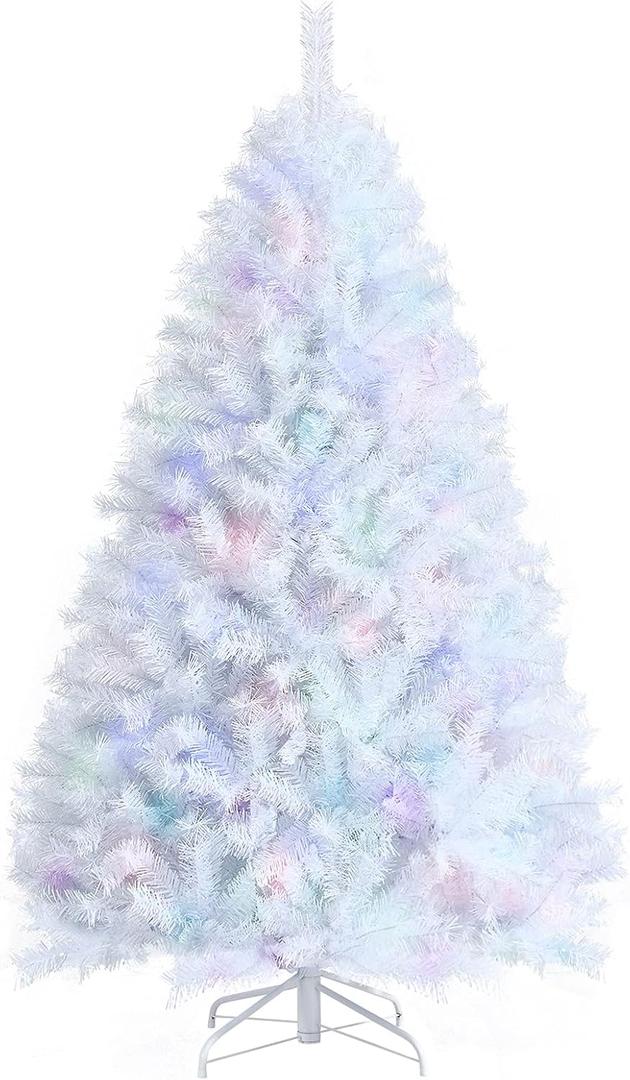 GOFLAME 6FT White Artificial Christmas Tree Hinged, Iridescent Xmas Tree W/ 792 Glittery Tips, Folding Metal Stand, Premium PVC & PET Material, Luxuriant Unlit PVC Holiday Tree Décor for Home Office