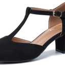Womens T Strap Mary Jane Shoes Chunky Block Heel Ankle Strap Buckle Dress Pumps (8, Black Suede)