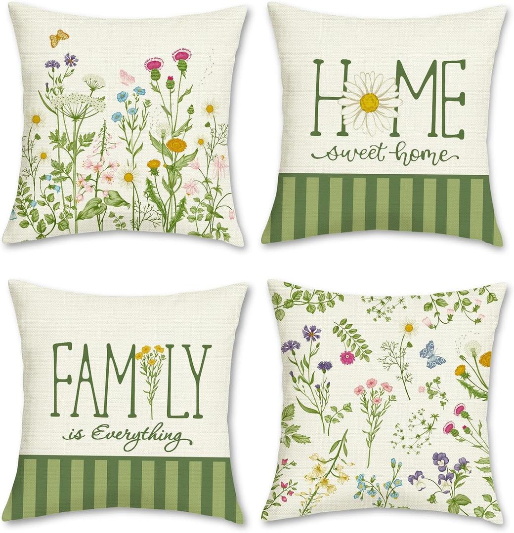 Bonhause Spring Wildflowers Throw Pillow Covers 18 x 18 Inch Garden Flowers Leaves Green Farmhouse Decorative Pillow Cases for Couch Sofa Home Garden Outdoor Decor Set of 4
