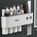 No-Drill Wall Mounted Toothbrush Holder, Bathroom Shelf, with Automatic Toothpaste Dispensers 6 Brush Hooks Magnetic Cups 1 Cosmetic Drawer Organizer and Large Storage (2 Dispensers 4 Cups)