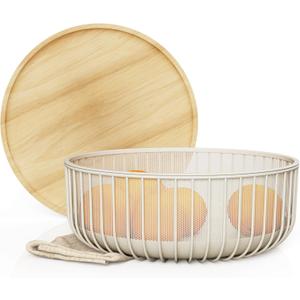 Metal Wire Mesh Fruit Baskets with Wooden Lid - Fly-Proof Indoor Solution for Fresh Fruits - Covered Fruit Bowl - Produce Cover Against Flies for Vegetables - Warm Gray
