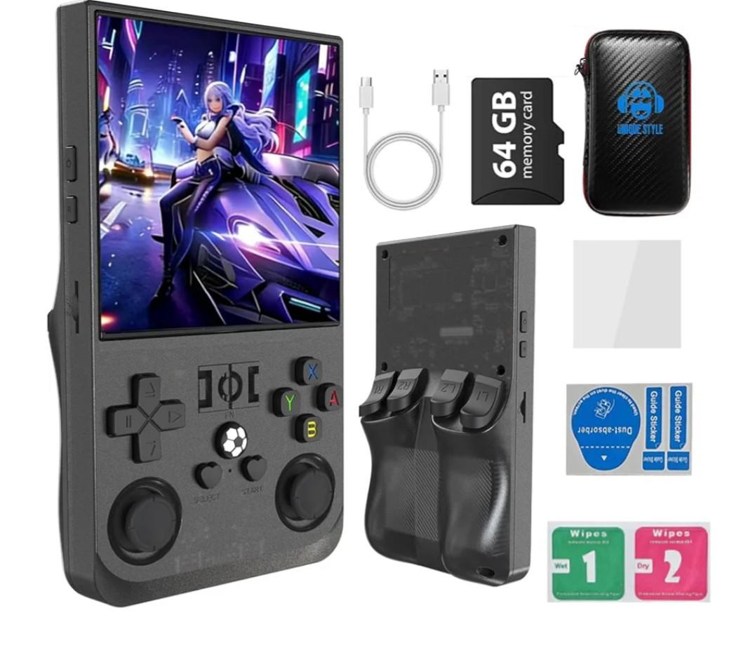 R36MAX 4000mAh Portable Rechargeable Handheld Retro Game Console,Handheld Retro Game Console with 64G TF Car,4.0-inch Screen,Feminine+Masculine Colors Easy Install for Travelers,Black