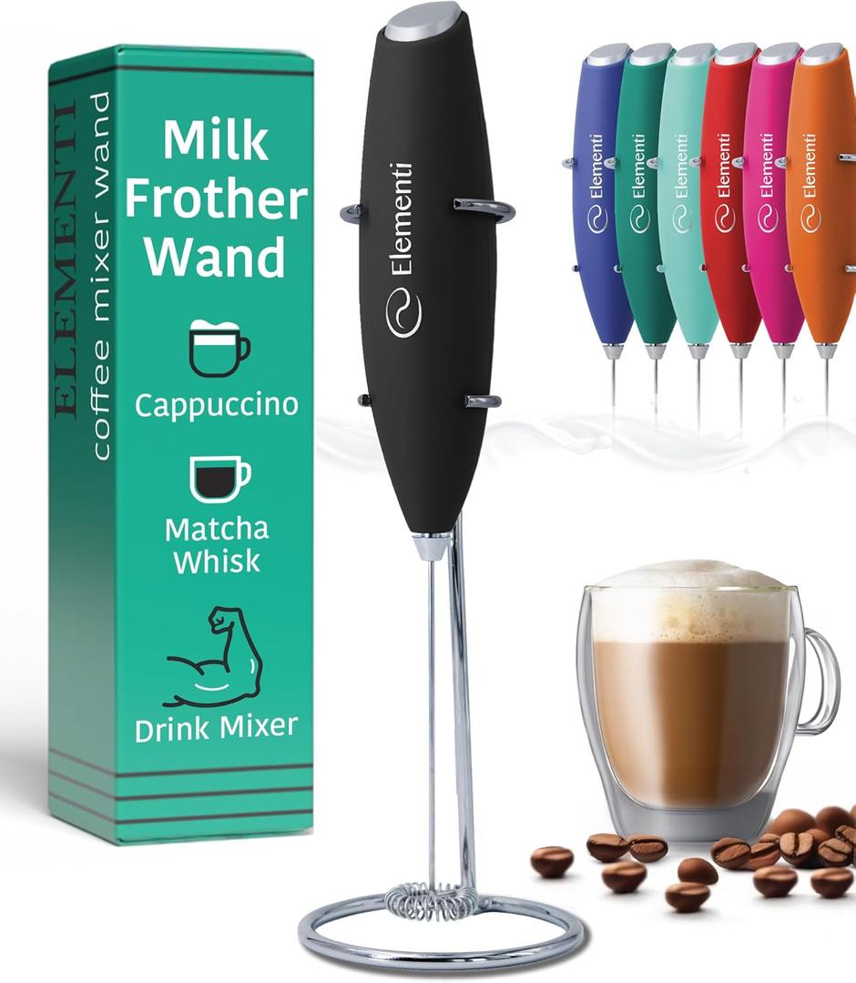 Milk Frother Wand & Electric Stirrer with Stand - Turbo Coffee & Milk Frother Handheld - Hand Held Coffee Mixer Wand & Cold Foam Maker for Frothy Cappuccinos, Lattes & Drink Mixes at Home (Black)