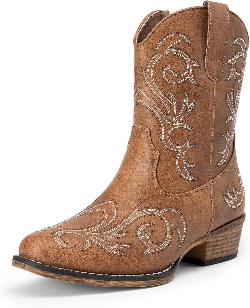 DREAM PAIRS Women's Cowboy Cowgirl Western Boots Embroidered Stitched Ankle Boots Square Toe Chunky Heel Fashion Short Booties with Zipper, Size 8