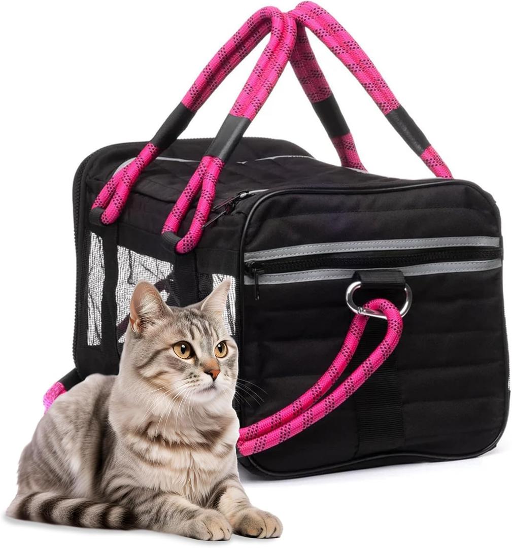 | TSA Airline Approved |Soft Sided Pet Carrier | Cat Carrier | Dog Carrier| Pets Up to 15 lbs | Leash & Luggage Strap | Black with Pink Handle