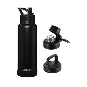 OLDLEY 40 oz Insulated Water Bottle With Straw, Stainless Steel Sports Water Cup Flask with 3 Lids(Straw, Spout and Handle Lid) Double Walled Travel Thermal Canteen Mug,Black