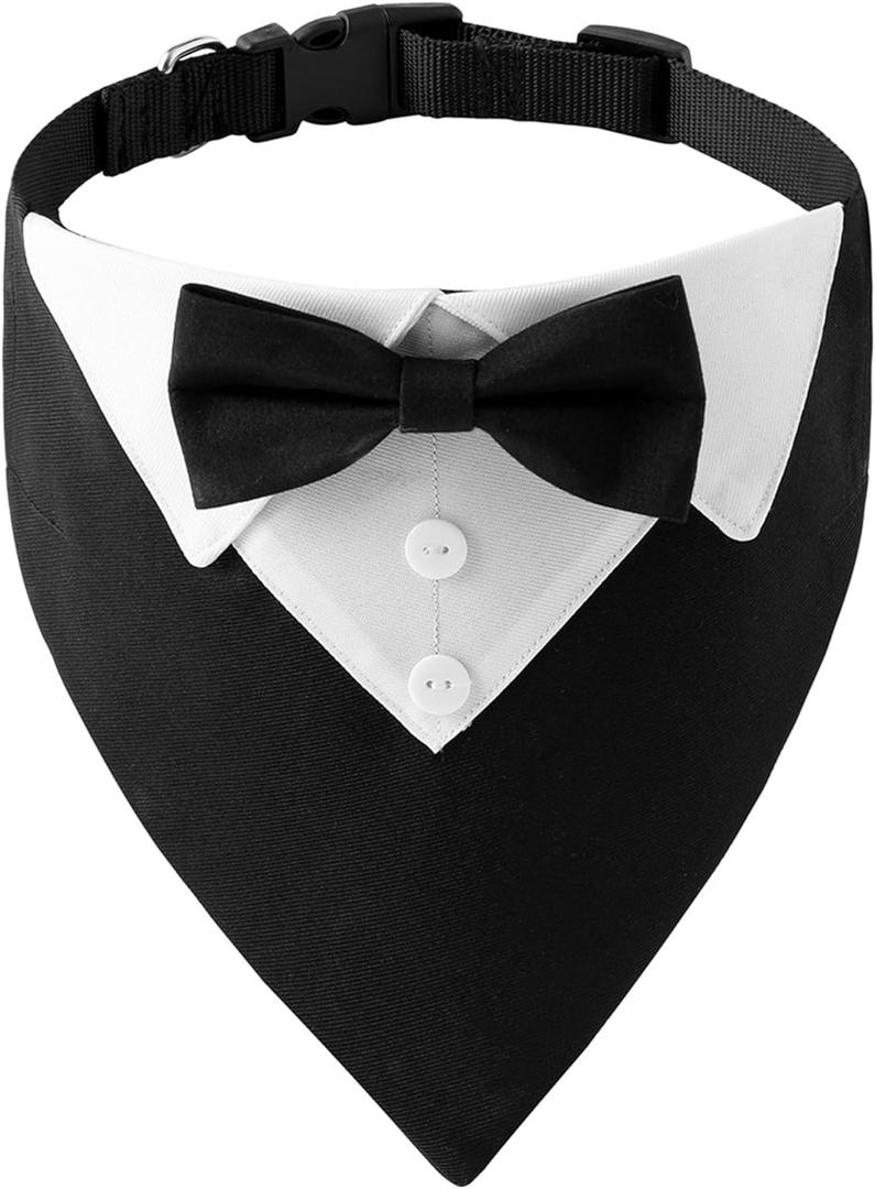 ADOGGYGO Formal Dog Tuxedo, Wedding Dog Collar with Bow Tie, Adjustable Pet Wedding Collar Bandana for Small Medium Large Dogs (Large, Black)