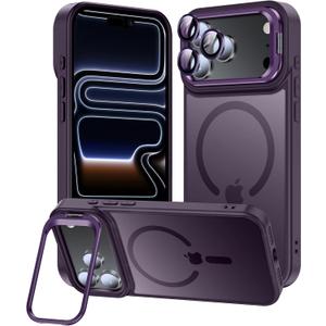 for iPhone 17 Pro Max Case, Fits MagSafe, with Built-in Camera Ring Stand & Lens Protector, Slim Translucent Matte Military-Grade Drop Protection Magnetic Cover, Purple