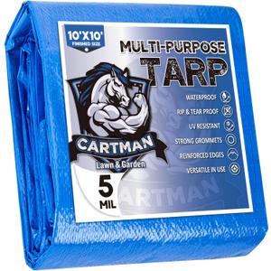 CARTMAN Finished Size 10x10 Feet Blue Poly Tarp 5 Mil Thick, Multipurpose Protective Cover for Camping, Tent, Boat, RV, Car