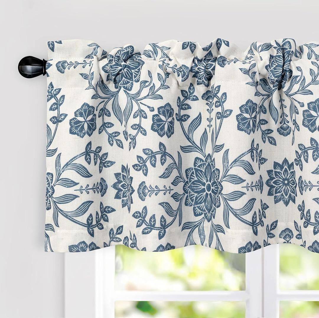 DriftAway Boho Linen Blend Kitchen Valance Curtain Blackout 18 Inch for Living Room Lined Rod Pocket Floral Farmhouse Country Short Curtains for Small Windows 1 Panel (Ivory Navy)
