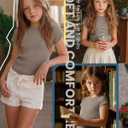 Oakgarden Girls' Short Sleeve Shirts Crew Neck Ribbed Knit Tops Casual Basic Slim Fitted Tees Summer Fashion Soft T Shirts (Beige)