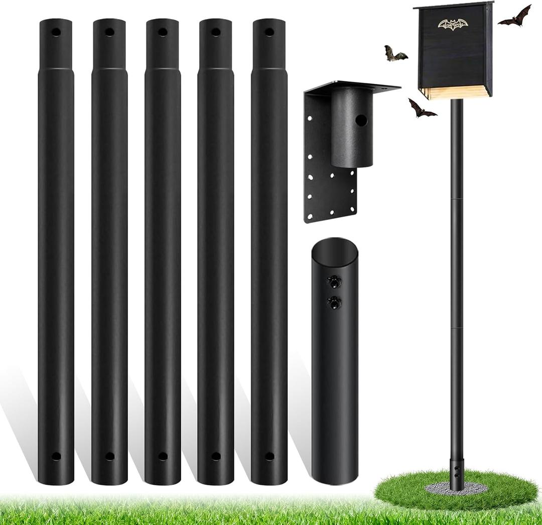15ft Bat House Pole, 1.9in Diameter Heavy-Duty Galvanized Steel Outdoor Purple Martin Bird House Pole with Ground Socket, Including Bat House Installation Bracket, Black