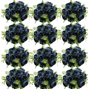 12 Bundles Peonies Artificial Flowers Artificial Peonies Silk Flowers Fake Peonies Artificial Flowers Wedding Home Table Decoration Realistic Peonies Bouquet for Centerpiece Table (Navy Blue) (Set of 12 12-inch Peony Bouquets)