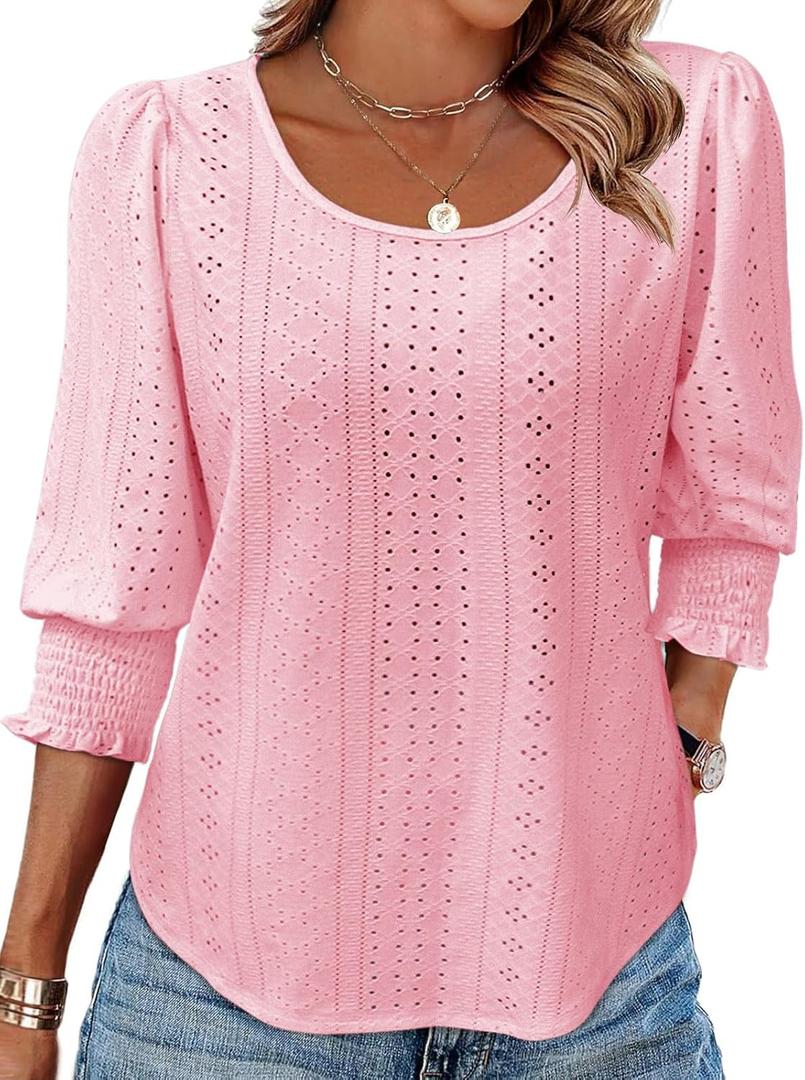 Tankaneo Womens 3/4 Length Sleeve Ladies Tops and Blouses Casual Eyelet Top Crewneck Dressy Shirts with Smocked Cuffs 2025 (M)