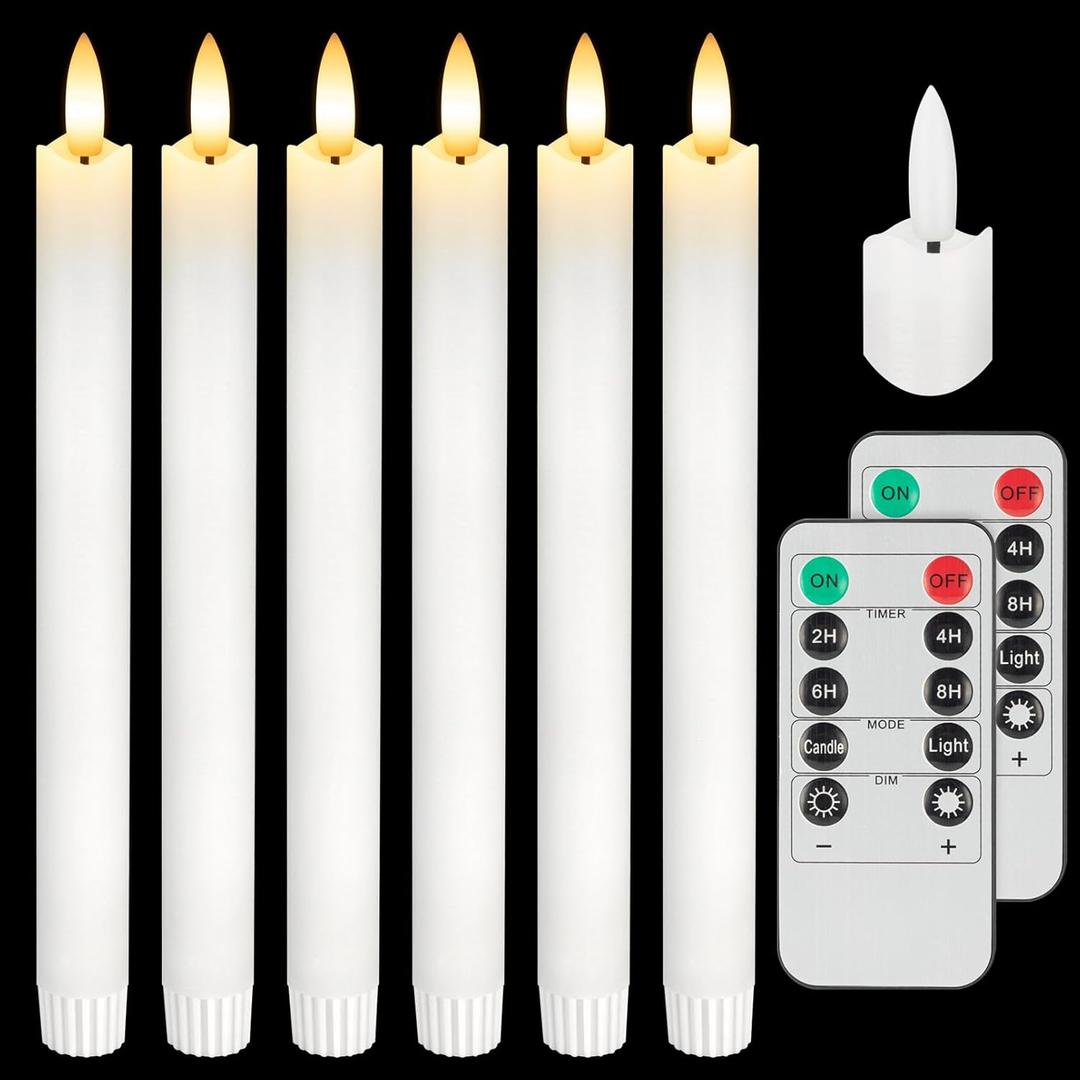 SEHNSY Real Wax Flameless Taper Candles with Remote Timer,Battery Operated LED Candles Set with 3D Flickering Flame,9.6" Realistic Dripless Candlesticks for Wedding Home Decor,6 Pack White