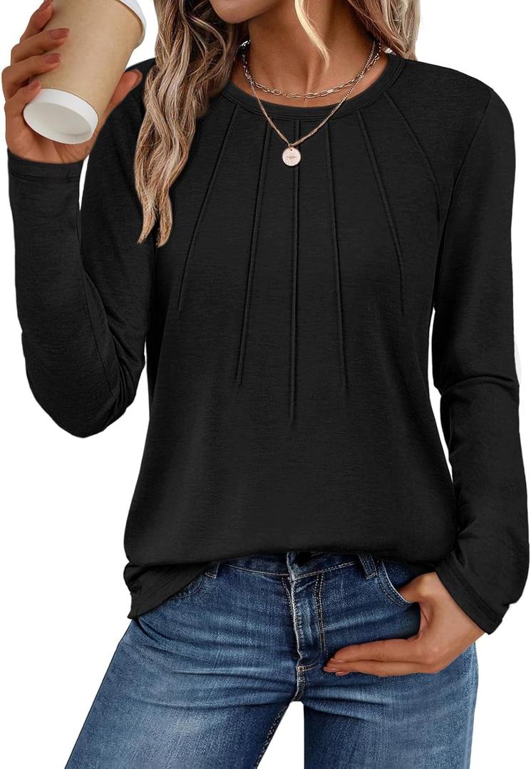 ATHMILE Womens Long Sleeve Shirts Pleated Business Casual Basic Tunic Tops Fall Tees Clothes (Black, XXL)