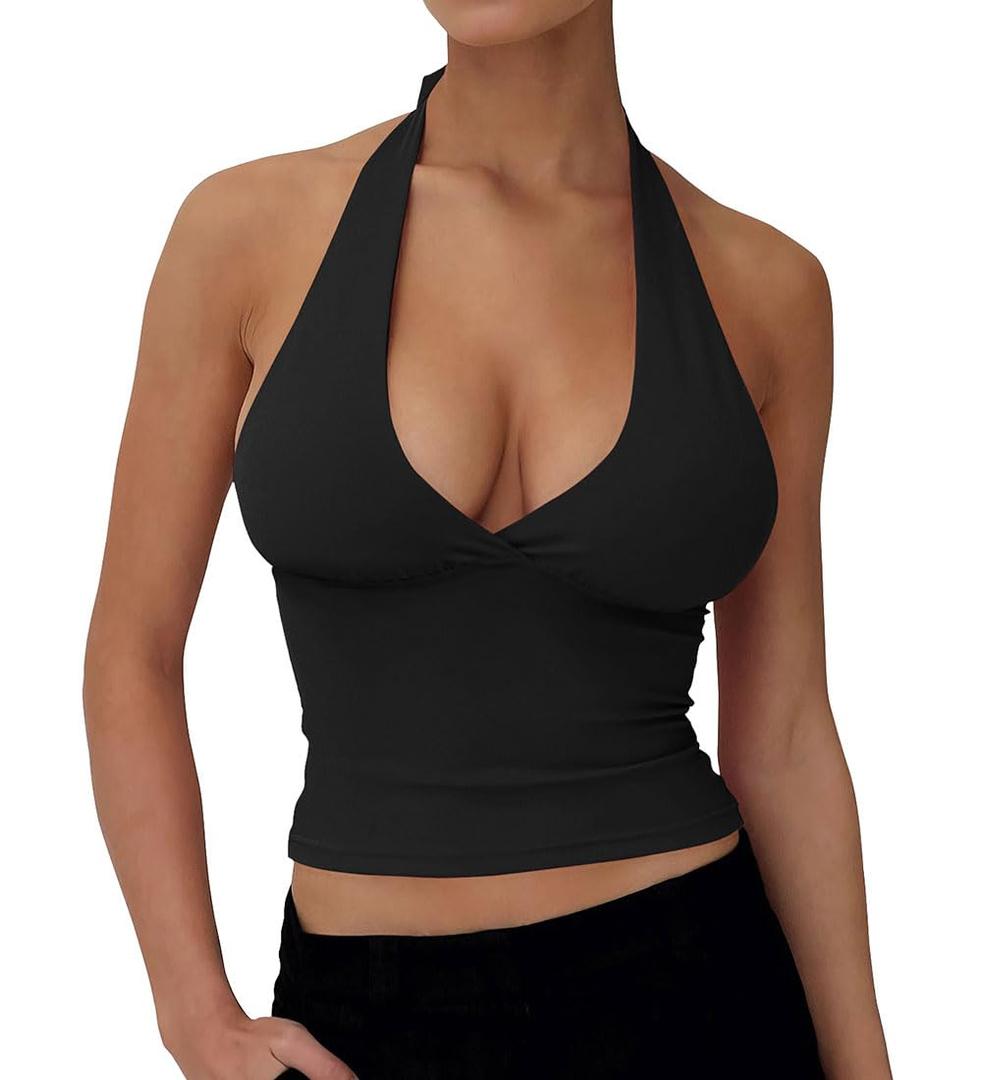 YFANG Women's Sexy Halter Deep V Neck Crop Tank Top Stretchy Sleeveless Double Lined Slim Fit Going Out Tank Top Black X-Large