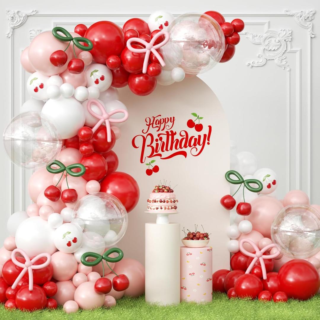 JOGAMS 181Pcs Cherry Balloon Arch Garland Kit, Cherry Party Decorations with Clear Green Pink 260 Balloons for Cherry On Top Baby Shower Birthday Bridal Shower Wedding Galentine's Valentine's Day