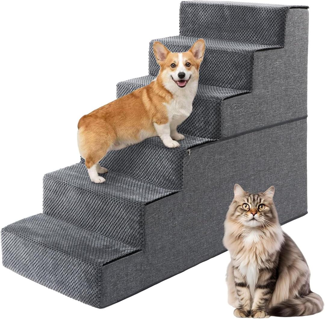 Dog Steps for Bed (5/6/7-Step), Stable Foam Pet Stairs with Washable Cover & Non-Slip Carpet, Wide Deep Steps for High Beds, Dog Stairs for Small & Large Dogs