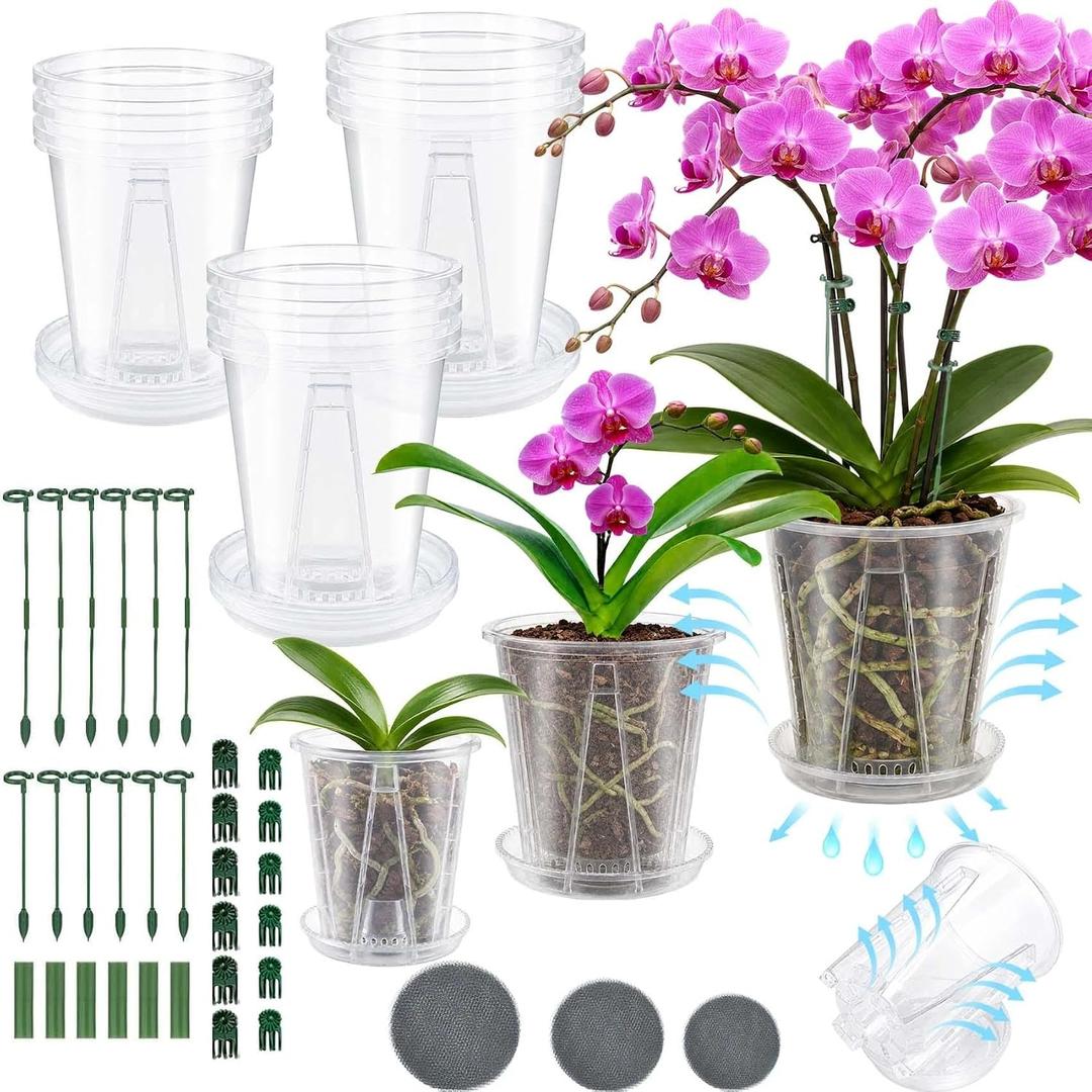 12 Pack Clear Orchid Pots with Drainage Holes Set, 4,5,6 Inch Plastic Orchid Pots with Saucers Repotting Kit with Mesh Screens, Stakes and Clips for Indoor Plants (4 in +5 in + 6 in)