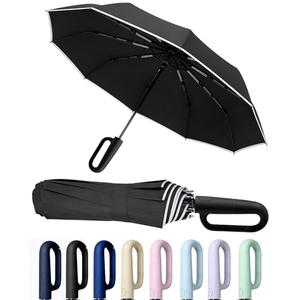 SIEPASA Travel Umbrella with Carabiner Handle - Windproof 10 Ribs Auto Open/Close for Rain & Sun Protection, Compact Portable Clip-on Backpack Design with Safety Reflective Strip.(Black)