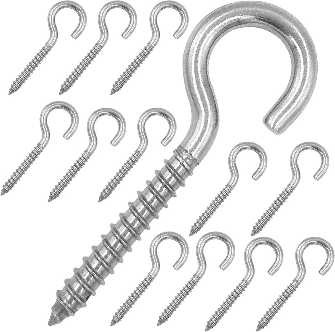 Pack of 12 M6 Metal Hooks, heavy-duty304 Stainless Steel Screw Hooks, self-Tapping Eye-Ring Bolt Hooks, Wooden Terminal Eye-Hole Hooks, Pendant Lights and Wires, Strong