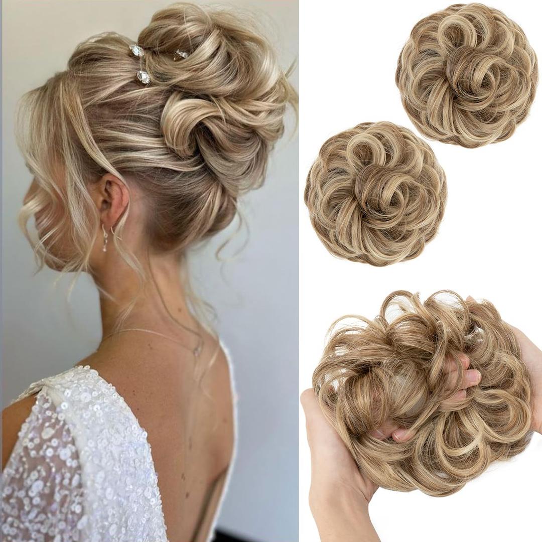 SARLA 2 PCS Messy Hair Bun Hair Pieces Wavy Curly Synthetic Updo Fake Scrunchies Ponytail Extension for Women Sand