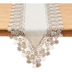 Natural Neutral Earth Tones Beige Floral Lace Table Runner Dresser Scarf 36 inches Long for Home Decor (16 x36, Natural)