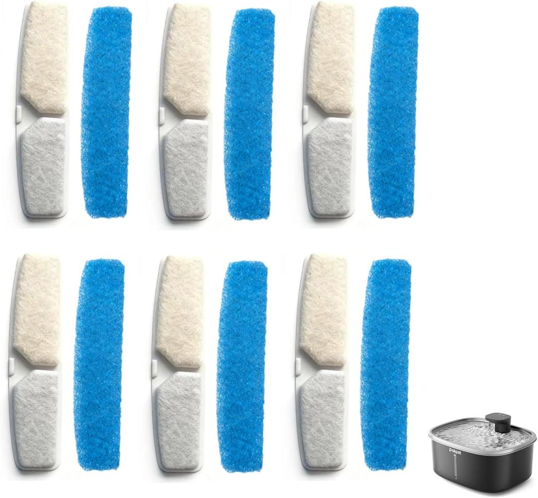 6 Packs Dog Water Fountain Filters & 6 Packs Pump Filters Sponges Replacement for 2.64Gal/10L Dog Water Dispenser (FC-10L-6)