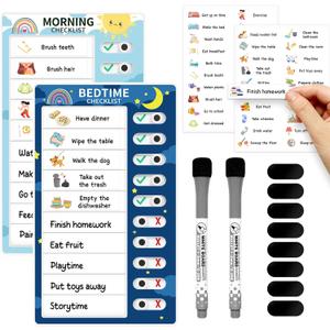 Chore Chart for Kids: Dry Erase Visual Schedule, Magnetic Bedtime/Morning Routine Chart - Toddler Chore Board, Checklist, To Do List for Kids (1 morning checklist, 1 bedtime checklist)