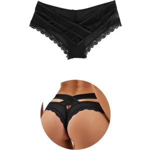ohmydear Womens Sexy Cheeky Panties Lace Thongs Hipster Back Crisscross Strappy Underwear Plus Size Bikini Briefs XS-4XL (Medium-Large, 1pack-black)