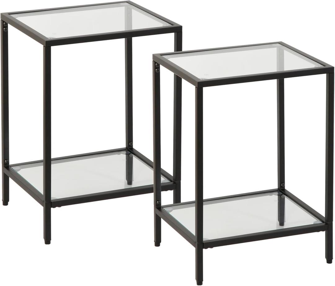 Modern 2-Tier Tempered Glass End Table - Stylish Black Metal Side Table for Small Spaces, Perfect for Living Room & Bedroom (Black, 2PCS)