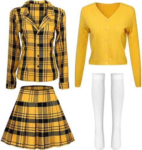 Didaey Halloween Yellow Plaid Outfit 90s College Cosplay Costume for Women Adult Cheerleader Vintage Large