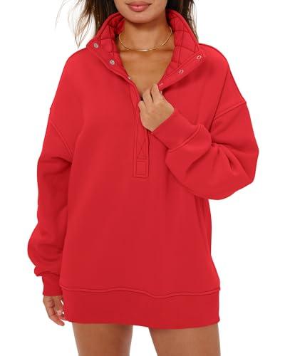 Locachy Women's Henley Neck Button Oversized Sweatshirt Casual Long Sleeve Pullover Tops 2026 Fashion Outfits Clothes Red L