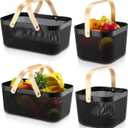 Sadnyy 4 Pcs Plastic Mesh Garden Harvest Basket Storage Basket with Wooden Handle Multi Functional Mesh Bin for Kitchen Cabinet Picnic Fruit Vegetable Gathering Organizer(Large, Small,Black)