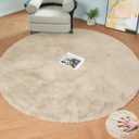 Light Brown Beige Washable Shaggy Round Rug 5ft Faux Rabbit Fur Rugs for Living Room Circle Nursery Rug for Bedroom Girl Room Dcor