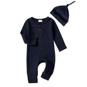 Infant Boys Girls Clothes Set Newborn Baby Romper Hat Ribbed Knit Long Sleeve Button Solid Bodysuit Jumpsuit (Navy Blue, Newborn)