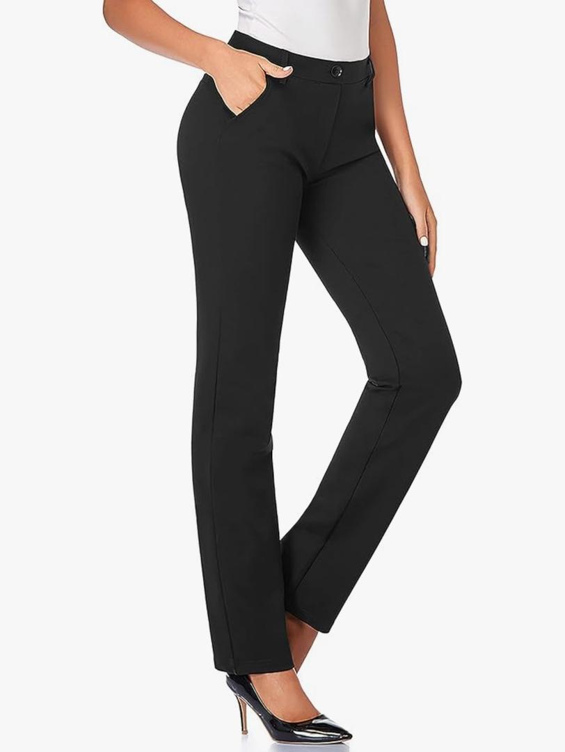 Tapata Women's Stretchy Straight Dress Pants with Pockets Tall, Petite, Regular for Office Work Business Size Large, Black 