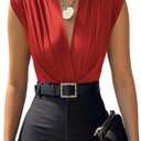 LYANER Women's Wraped V Neck Ruched Sleeveless Tank Leotard Bodysuit Top (Red) XS