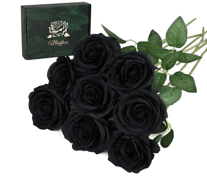 8PCS Artificial Silk Flowers Realistic Roses Bouquet Long Stem for Home Wedding Decoration Party (8PCS-Black)
