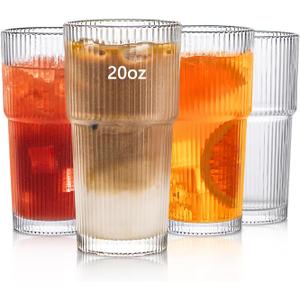 INSETLAN 20oz Ribbed Glass Tumbler Set of 4  Large Capacity Drinking Glasses for Iced Coffee, Water, Juice, and Cocktails  Elegant Modern Glassware for Everyday Use and Special Occasions
