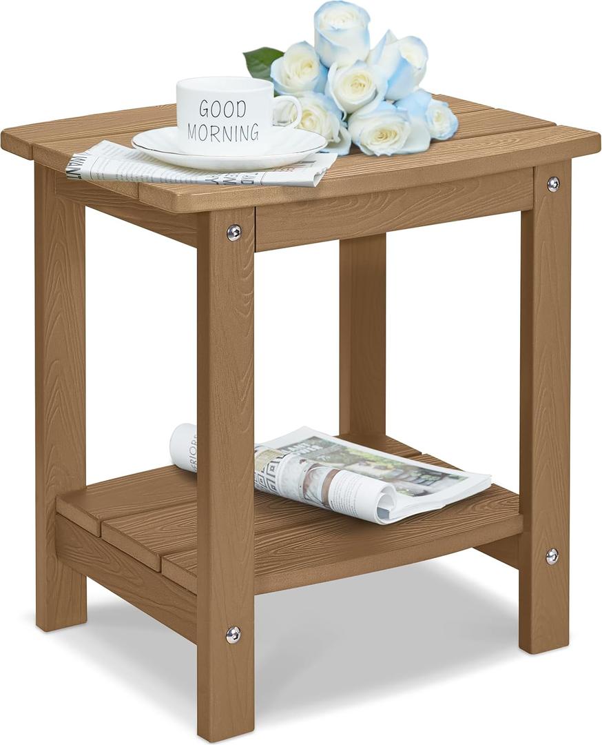 Y&M Outdoor Side Table, HIPS Adirondack Small Double Layer Table, Waterproof Square Outside Table, Balcony Modern End Tables for Patio, Pool, Beach, Porch, Deck, Indoor or Outdoor Use, Brown