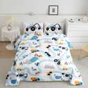 Erosebridal Boys Full Size Comforter Set for Kids Cartoon Car Bedding Set, Cute Excavator Tractor Pattern Bedding Comforter Sets, Kawaii Construction Vehicles Down Comforter with 2 Pillowcases (Blue White)