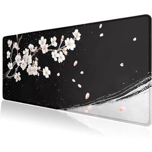 Black and White Japanese Cherry Blossom Large Mouse Pad, Desk Mat Computer Keyboard Pad Non-Slip Rubber Base Waterproof with Stitched Edges for Laptop Gaming, Office & Home 31.5 x 11.8 Inch