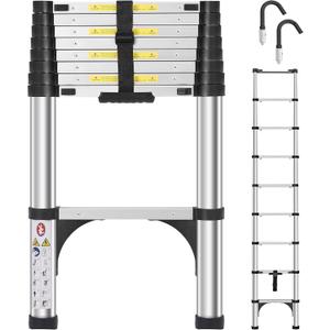 Telescoping Ladder 8.5 FT,Aluminum Lightweight Extension Ladder with 2 Triangle Stabilizers and 2 Detachable Hooks,Safety Lock Slow Down Design Collapsible Telescopic Ladder for Home Outdoor (Silvery(one-button))