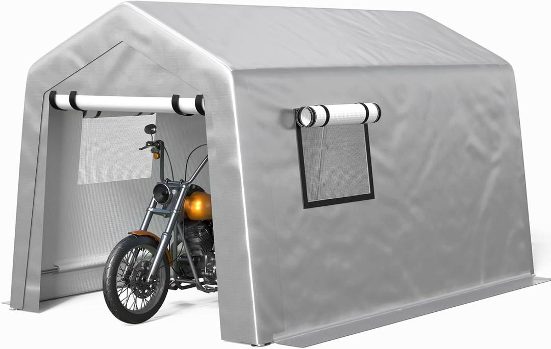 Carport 6x8 FT Enclosed Carport with Roll-up Windows, Portable Garage with Removable Sidewalls & Doors, Car Canopy Tent with Sandbags All-Season Tarp for Bike Motorcycle (Plastic-Grey)