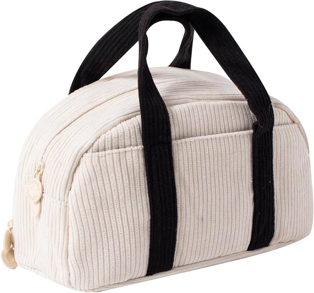 Large Capacity Corduroy Pencil Case Stationery Organizer Bag Portable Travel Toiletry Makeup Pouch for Students Office Workers Durable Cute Pen Bag for School Supplies (Beige)
