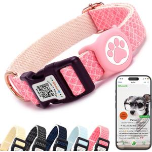 WhoseID Dog Collar with Waterproof AirTag Holder & Anti-Lost QR Code, Cute Bling Warpping Adjustable Width for Small Medium Large Pet (Red, L)