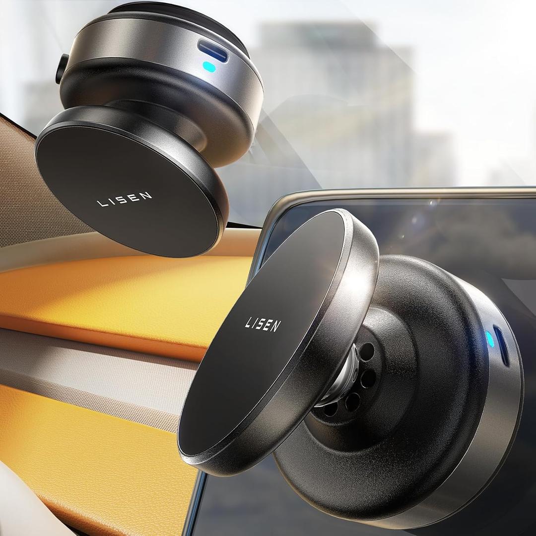 LISEN Suction Phone Mount, Mini Portable Super Stable Electric Vacuum Magnetic Phone Holder, 360 Adjustable Vlogging Travel Multi-Scene Use for iPhone 16e 16 Pro Max 15 14 13 (Silver)